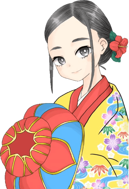 Mascota de Churasan: una joven con kimono bingata amarillo y sombrero hanagasa